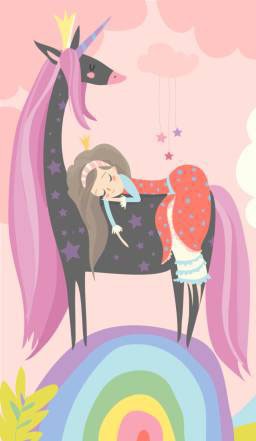 princess who has fallen asleep on her black and pink unicorn